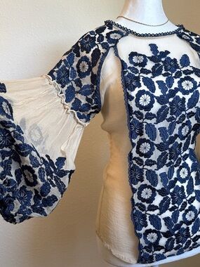 Sundance Embroidered Sheer Silk Blouse Boho Cottage Floral Coastal Cowgirl